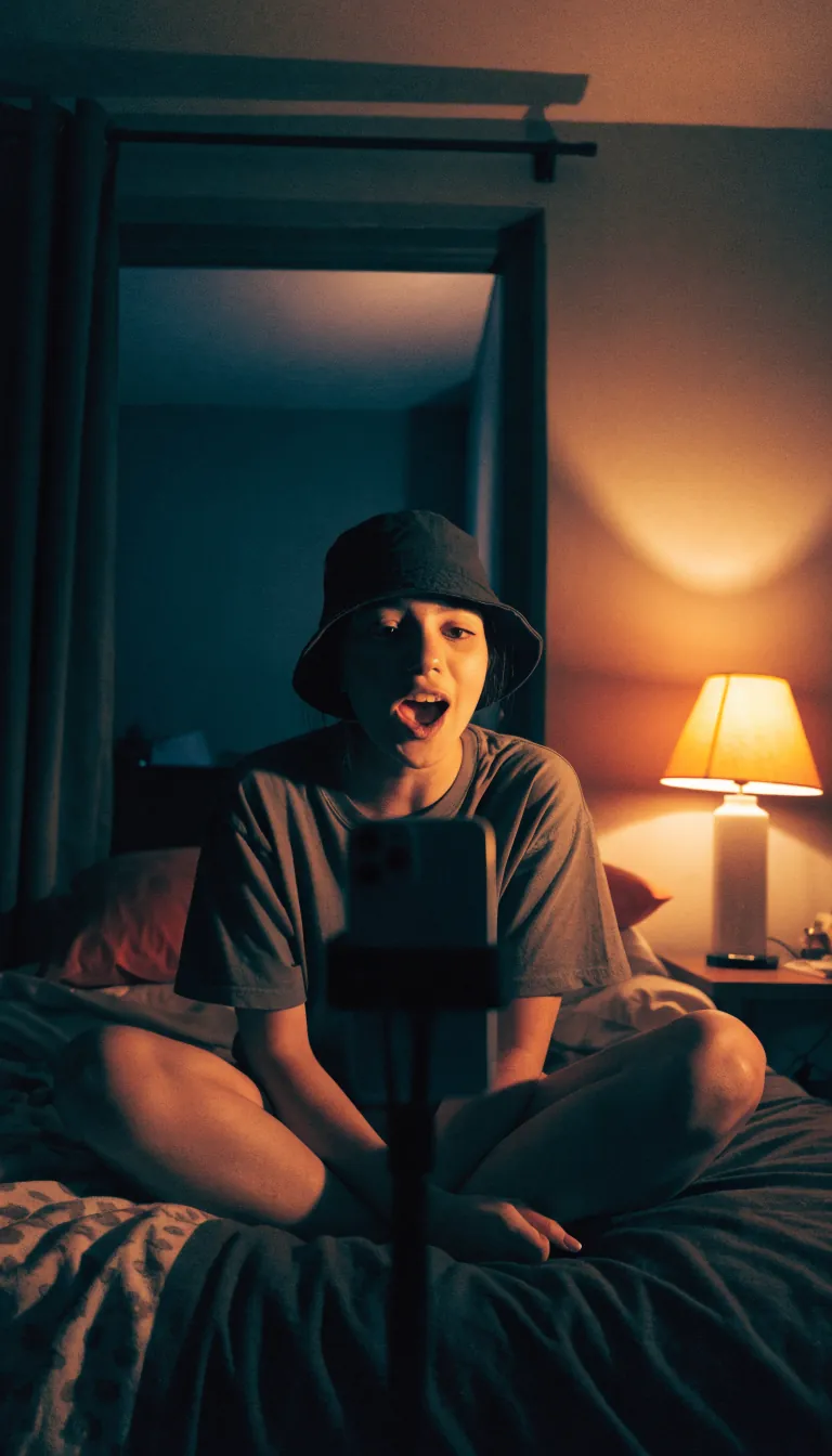 A creator filming herself in her bedroom at night